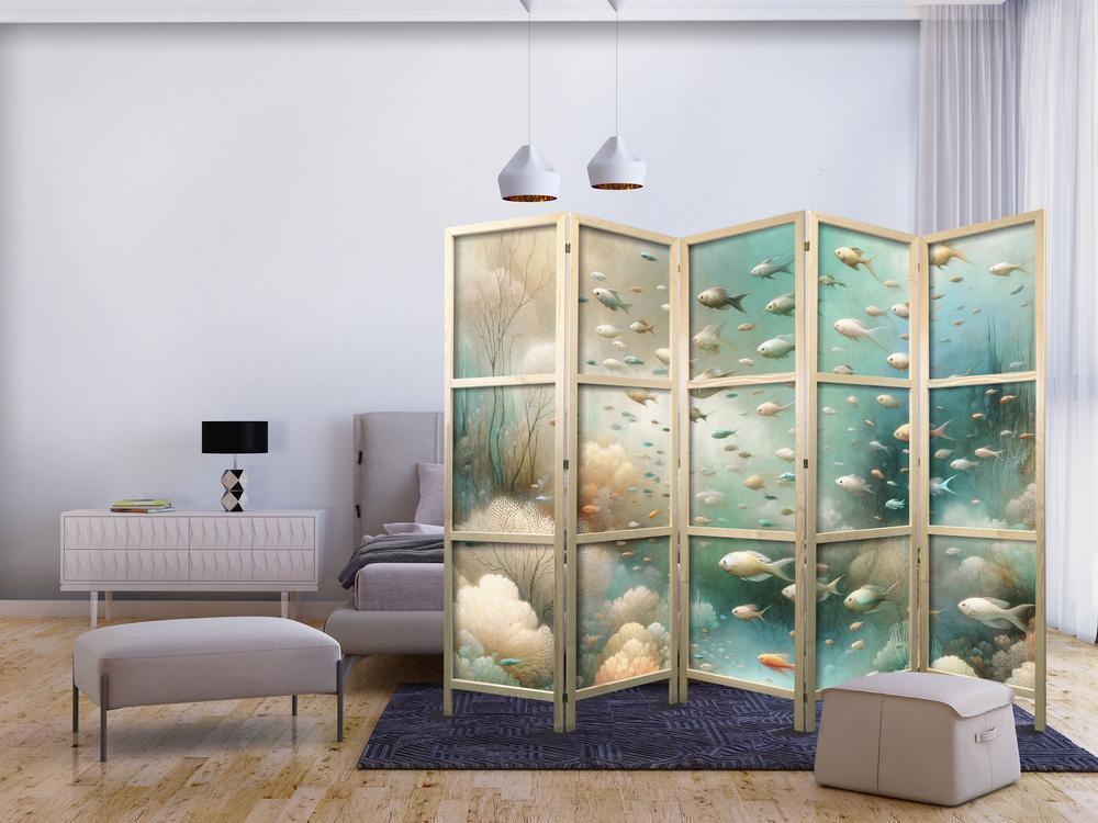 Japanese Room Divider - Spectacular Underwater Landscape - Fish in the Underwater World in Colors of Turquoise Blue Beige and Delicate Orange