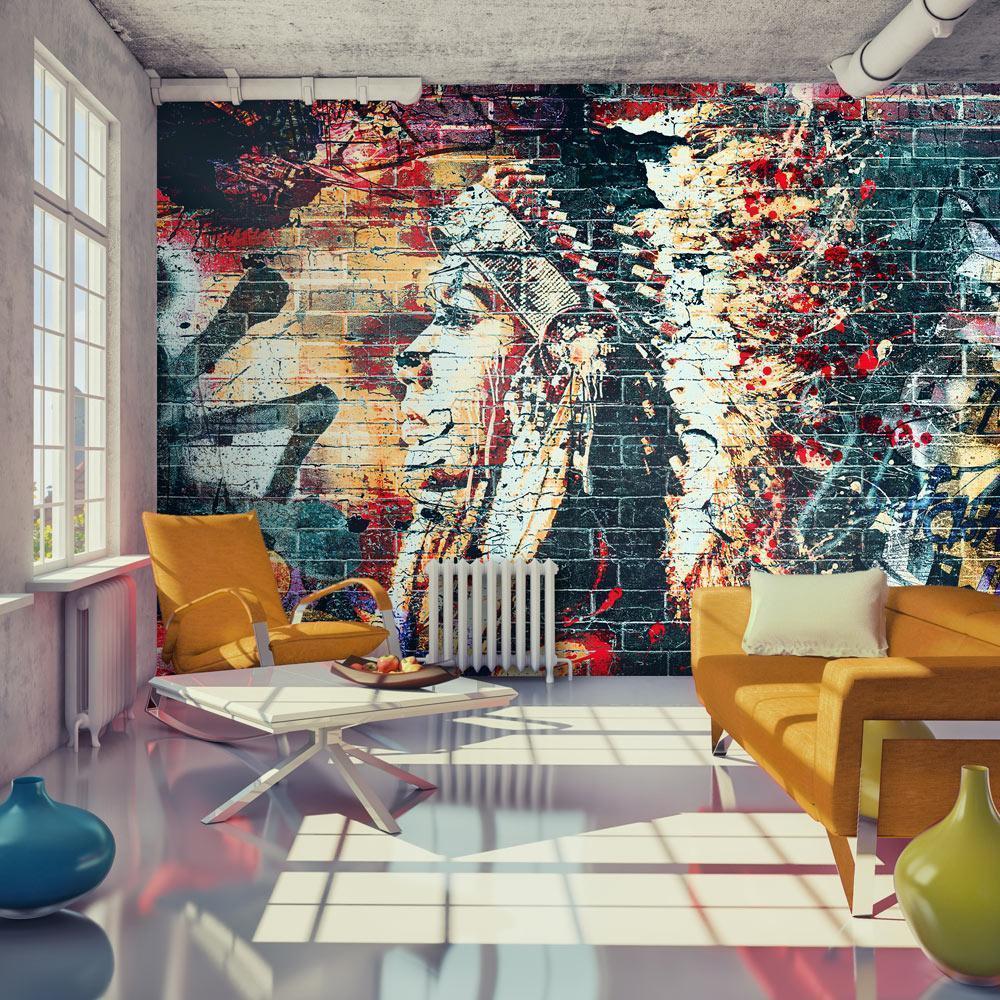 Wall Mural - Street art - colourful graffiti with profile of a woman on a brick background-Wall Murals-ArtfulPrivacy