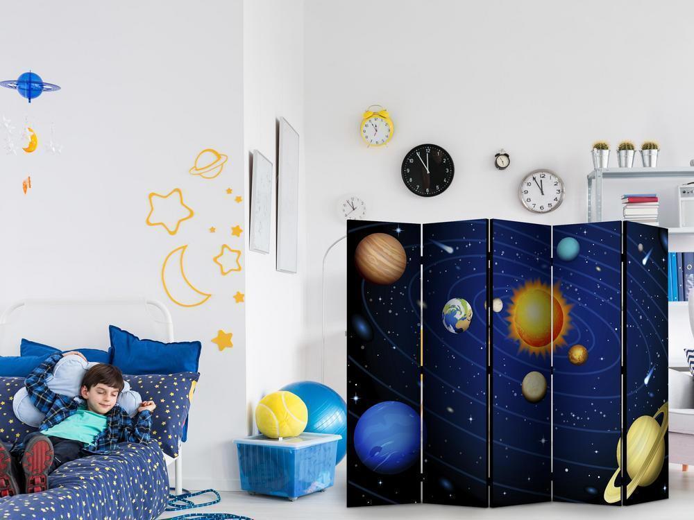 Room Divider - Solar system II- A 5 Panel Folding Screen For Living rooms, bedrooms or home office, decorative folding screen made with wood and canvas