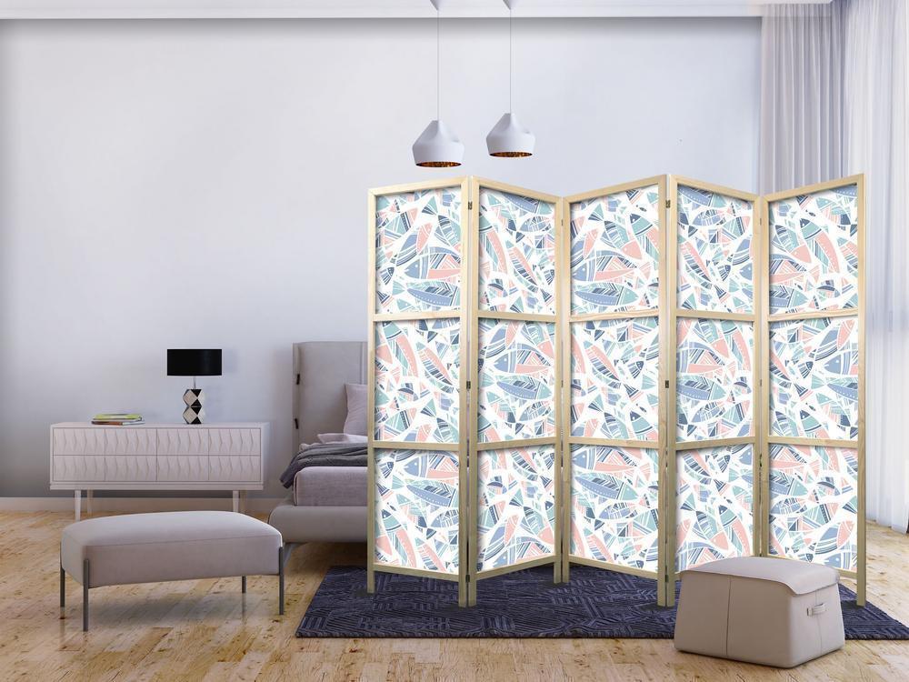 Japanese Room Divider - Fish in Minimalist Style - Fishes in Aztec Style in Pastel Color Tones on a White Background