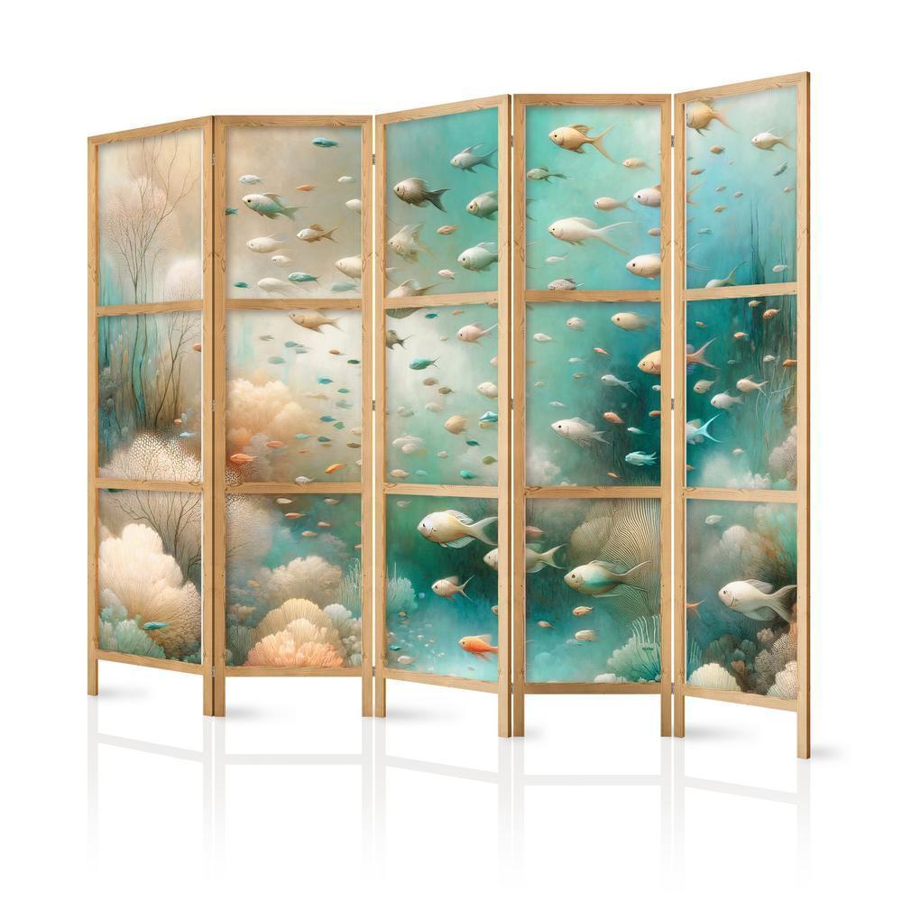 Japanese Room Divider - Spectacular Underwater Landscape - Fish in the Underwater World in Colors of Turquoise Blue Beige and Delicate Orange