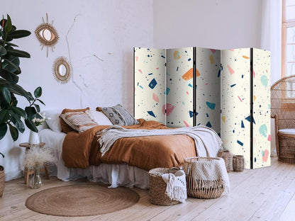 Room Divider - Terrazzo with Multicolored - Large Elements - Cheerful Pattern on a Light Background- A 5 Panel Folding Screen For Living rooms, bedrooms or home office, decorative folding screen made with wood and canvas