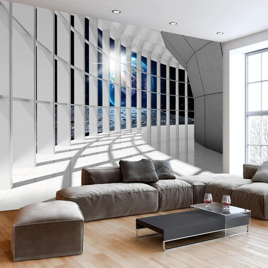 Wall Mural - Unearthly city - space corridor in white with world view-Wall Murals-ArtfulPrivacy