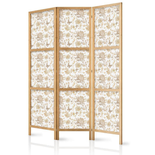 Japanese Room Divider - Beige Shades of Nature - Flowers and Butterflies on a White Background - Illustration