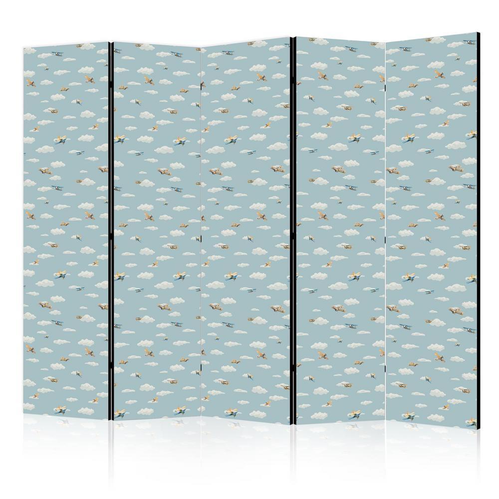 Room Divider - Illustration - Yellow-Blue Airplanes Against a Blue Sky- A 5 Panel Folding Screen For Living rooms, bedrooms or home office, decorative folding screen made with wood and canvas