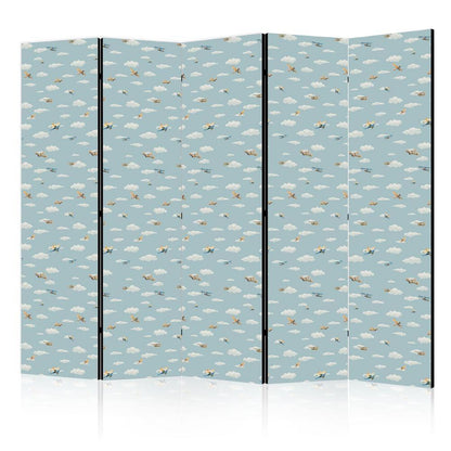 Room Divider - Illustration - Yellow-Blue Airplanes Against a Blue Sky- A 5 Panel Folding Screen For Living rooms, bedrooms or home office, decorative folding screen made with wood and canvas