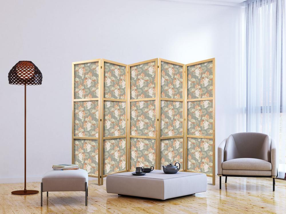 Japanese Room Divider - Little Bouquets - Exotic Flowers and Leaves on a Gray-Green Background