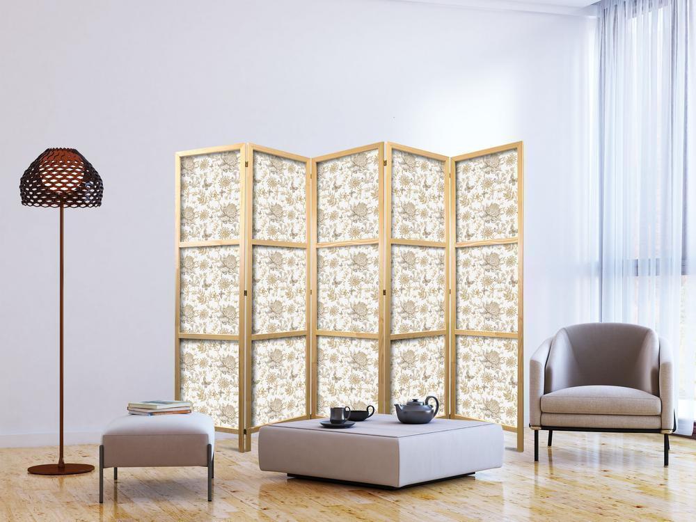 Japanese Room Divider - Beige Shades of Nature - Flowers and Butterflies on a White Background - Illustration