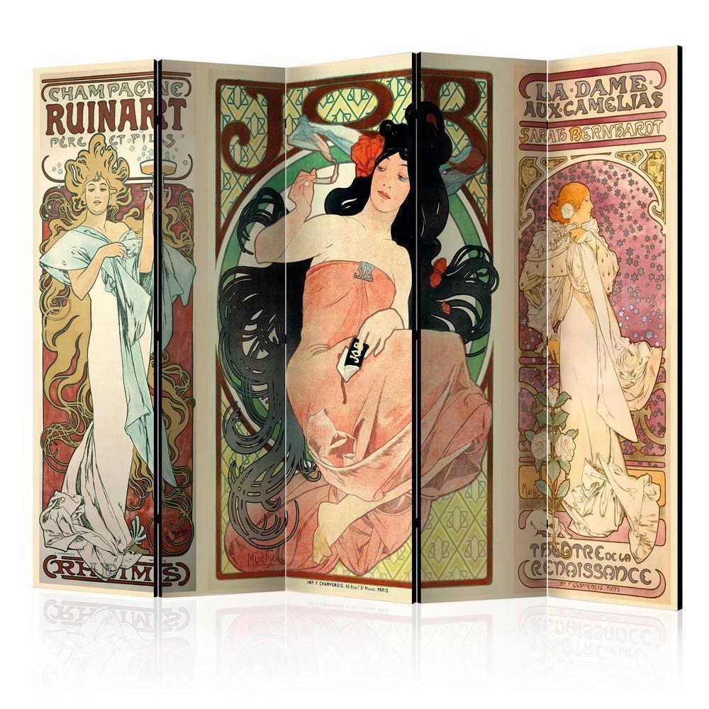 Room Divider - Alphonse Mucha Women's II- A 5 Panel Folding Screen For Living rooms, bedrooms or home office, decorative folding screen made with wood and canvas