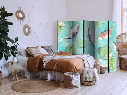 Room Divider - Spectacular Koi Fish - White-Orange Koi Fish Swimming in Crystal Clear Water With Water Lilies- A 5 Panel Folding Screen For Living rooms, bedrooms or home office, decorative folding screen made with wood and canvas