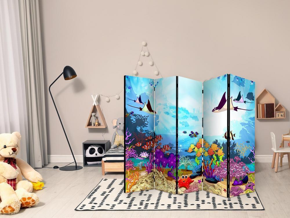 Room Divider - Colourful Fish II- A 5 Panel Folding Screen For Living rooms, bedrooms or home office, decorative folding screen made with wood and canvas