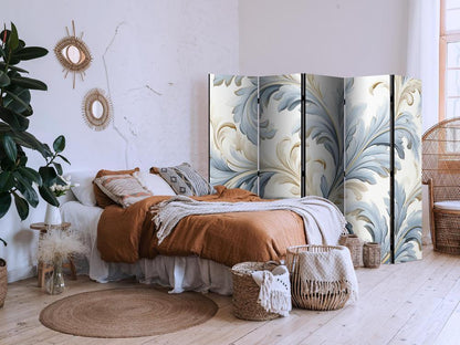 Room Divider - Baroque Ornaments in Light Creamy Blue Colors- A 5 Panel Folding Screen For Living rooms, bedrooms or home office, decorative folding screen made with wood and canvas