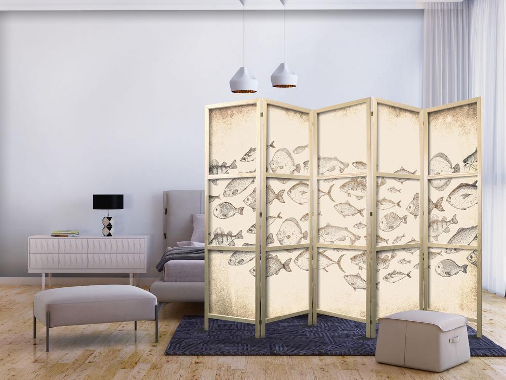 Japanese Room Divider - Sketch of a School of Fish - Sketches of Various Species of Fish Swimming in a School on a Beige Background in Vintage Style