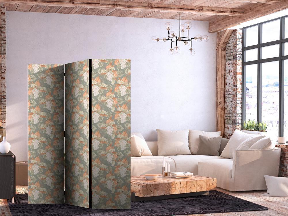 Room Divider - Little Bouquets - Exotic Flowers and Leaves on a Gray-Green Background