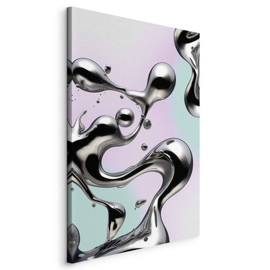 Canvas Print - Metallic Fluidity - Abstract Silver Forms on a Mint-Purple Background