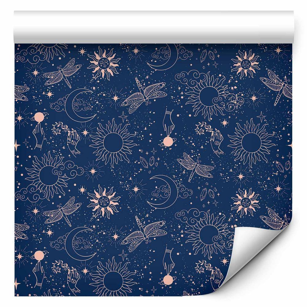 Wallpaper - Cosmic Fantasy - Pattern with Suns - Moons - and Dragonflies on a Dark Background