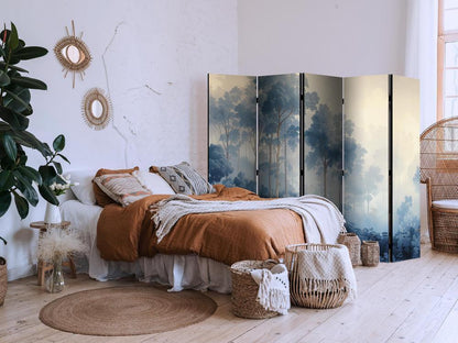 Room Divider - Landscape With Trees in Illustration Style Fairy Blue Forest- A 5 Panel Folding Screen For Living rooms, bedrooms or home office, decorative folding screen made with wood and canvas