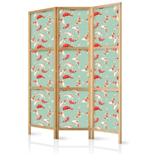 Japanese Room Divider - Fish and Japanese Pattern - Koi Fish in Orange-Cream Colors on a Green-Mint Background with an Oriental Pattern