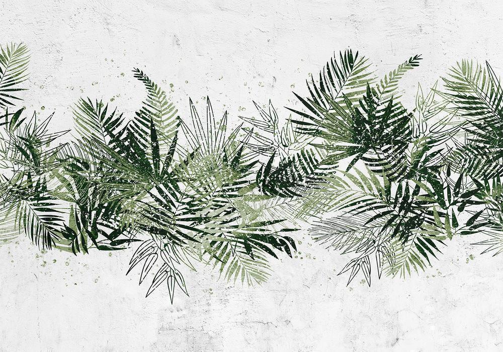 Wall Mural - Jungle and green plume - large tropical leaves on a white background-Wall Murals-ArtfulPrivacy