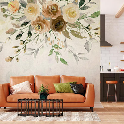 Wall Mural - Summer bloom - retro floral motif with flowers and leaves with patterns-Wall Murals-ArtfulPrivacy