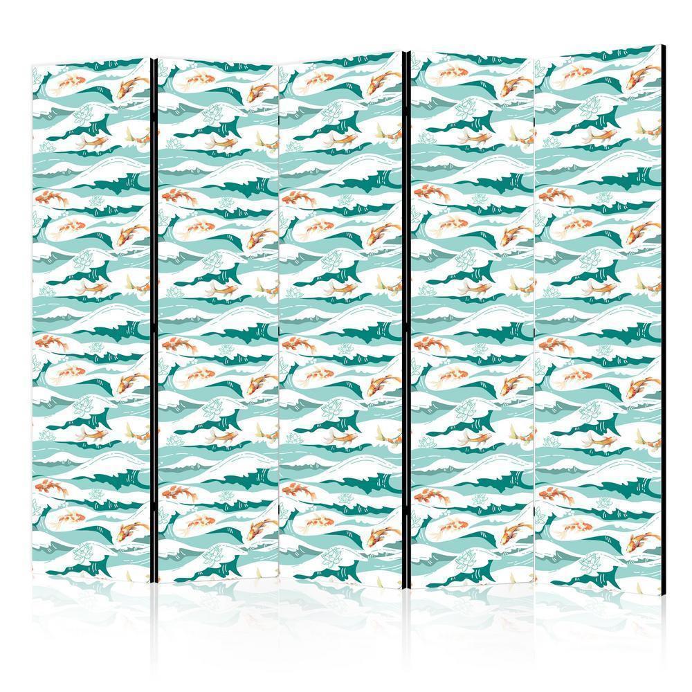 Room Divider - Fish Jumping Above The Waves - Oriental Fish And Water Lilies Among High Waves in Shades of Sea Green- A 5 Panel Folding Screen For Living rooms, bedrooms or home office, decorative folding screen made with wood and canvas