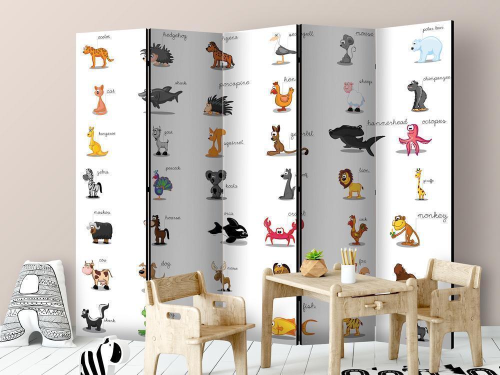 Room Divider - Learning by playing (animals) II- A 5 Panel Folding Screen For Living rooms, bedrooms or home office, decorative folding screen made with wood and canvas