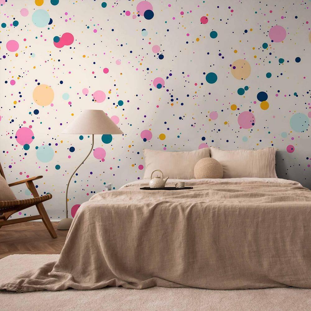 Wall Mural - Dots Speckles and Splatters Multicolored Cheerful Pattern on a Light Pink Background