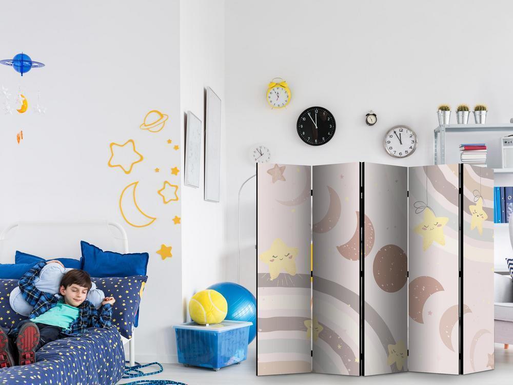 Room Divider - Joyful Sky - Yellow Cheerful Stars with a Rainbow Against the Phases of the Moon - in the Sky Colored Light Beige- A 5 Panel Folding Screen For Living rooms, bedrooms or home office, decorative folding screen made with wood and canvas