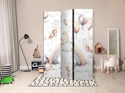 Room Divider - Plush Bears with Balloons - Flying Light-Brown Bears Among Balloons - Clouds - and Rainbows in Subdued - Pastel Hues