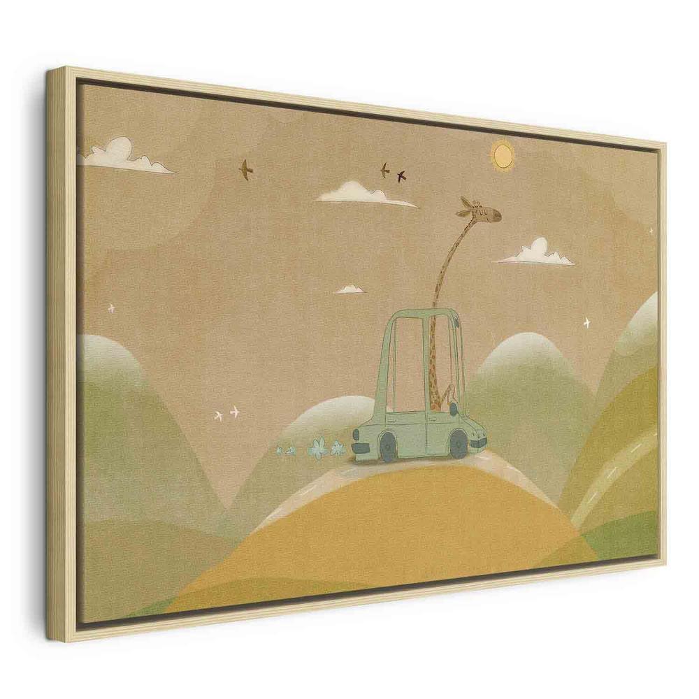 Canvas Print - Dreamy Traveler - A Cheerful Giraffe Driving a Car on a Sunny Day