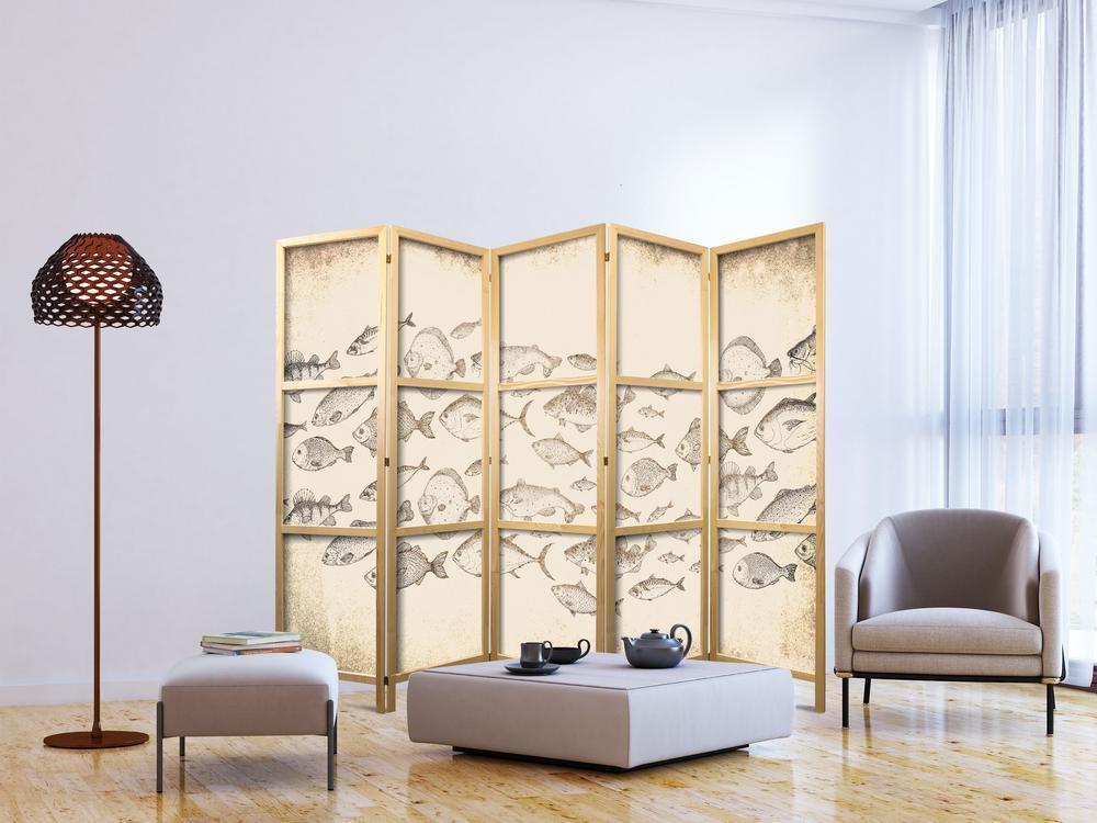 Japanese Room Divider - Sketch of a School of Fish - Sketches of Various Species of Fish Swimming in a School on a Beige Background in Vintage Style