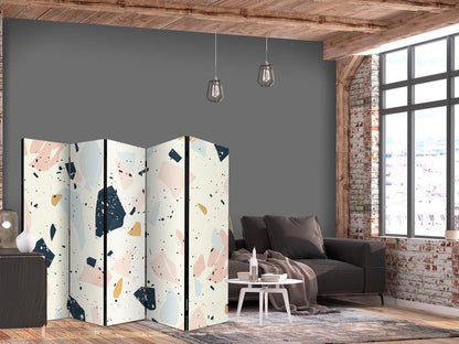 Room Divider - Terrazzo with Large - Scaled Stones in Subdued Colors- A 5 Panel Folding Screen For Living rooms, bedrooms or home office, decorative folding screen made with wood and canvas