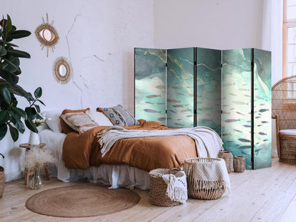 Room Divider - Escaping Fish - Very Fast Swimming Fishes in Muted Colors Among Sea Depths- A 5 Panel Folding Screen For Living rooms, bedrooms or home office, decorative folding screen made with wood and canvas