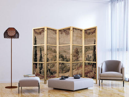 Japanese Room Divider - Landscape with Cypresses - Old Tapestry with Mediterranean Vegetation