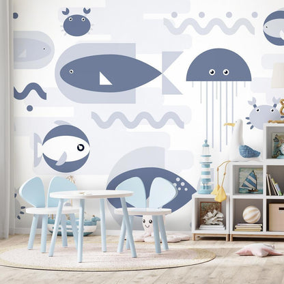Wall Mural - Minimalist ocean - geometric fish and crabs in water for kids-Wall Murals-ArtfulPrivacy