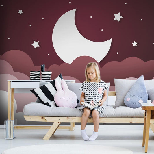 Wall Mural - Moon dream - clouds in a maroon sky with stars for children-Wall Murals-ArtfulPrivacy