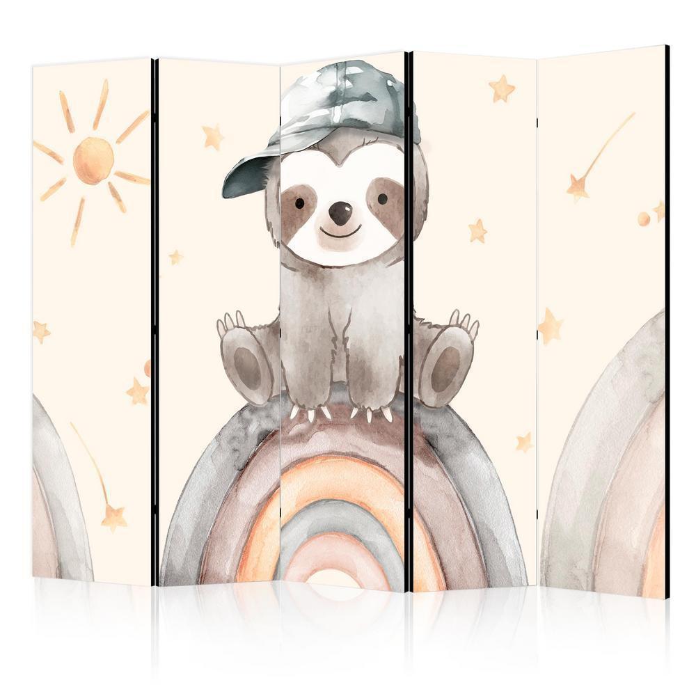 Room Divider - Happy Sloth - Sloth in Muted Colors - Wearing a Cap - Sitting on a Rainbow Among the Stars- A 5 Panel Folding Screen For Living rooms, bedrooms or home office, decorative folding screen made with wood and canvas