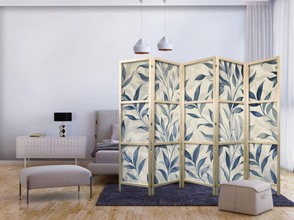 Japanese Room Divider - Leaves in Blue Colors - Delicate Botanical Motif