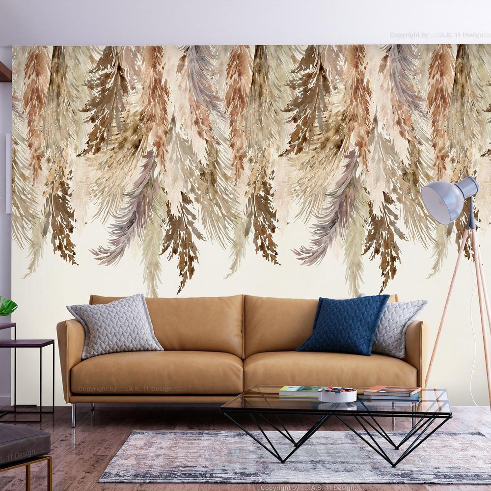 Wall Mural - Minimalist boho landscape - dangling leaves in beige colours-Wall Murals-ArtfulPrivacy