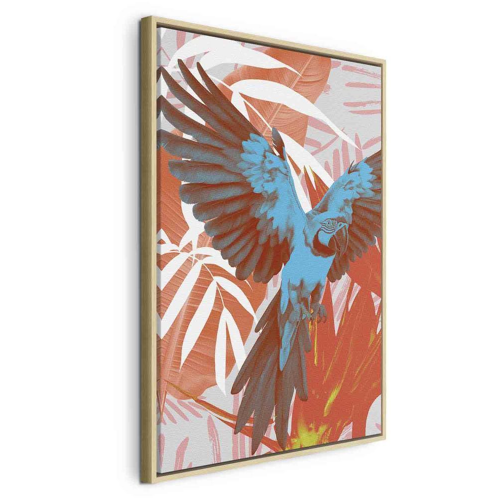 Impression sur toile - Ailes exotiques - Perroquet parmi des motifs de feuilles abstraits