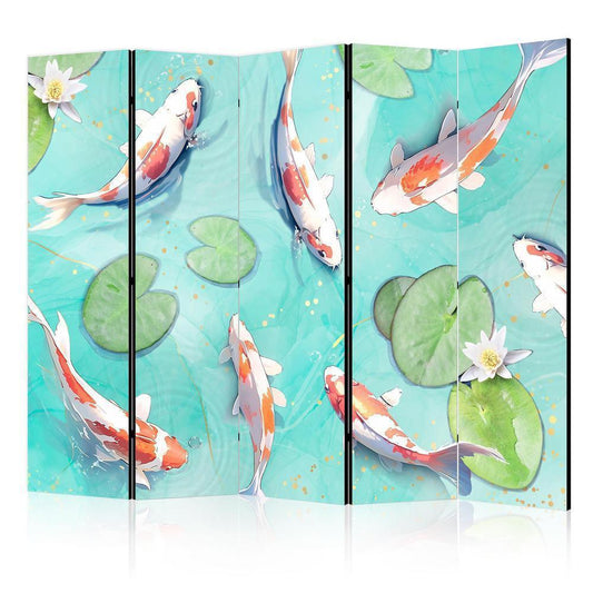 Room Divider - Spectacular Koi Fish - White-Orange Koi Fish Swimming in Crystal Clear Water With Water Lilies- A 5 Panel Folding Screen For Living rooms, bedrooms or home office, decorative folding screen made with wood and canvas