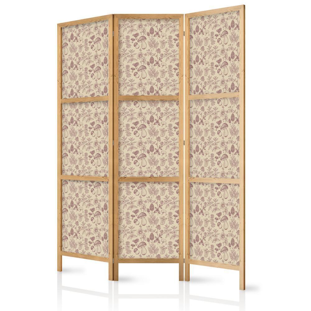 Japanese Room Divider - Beige Nature of the Forest - Mushrooms Flowers and Herbs on a Light Background