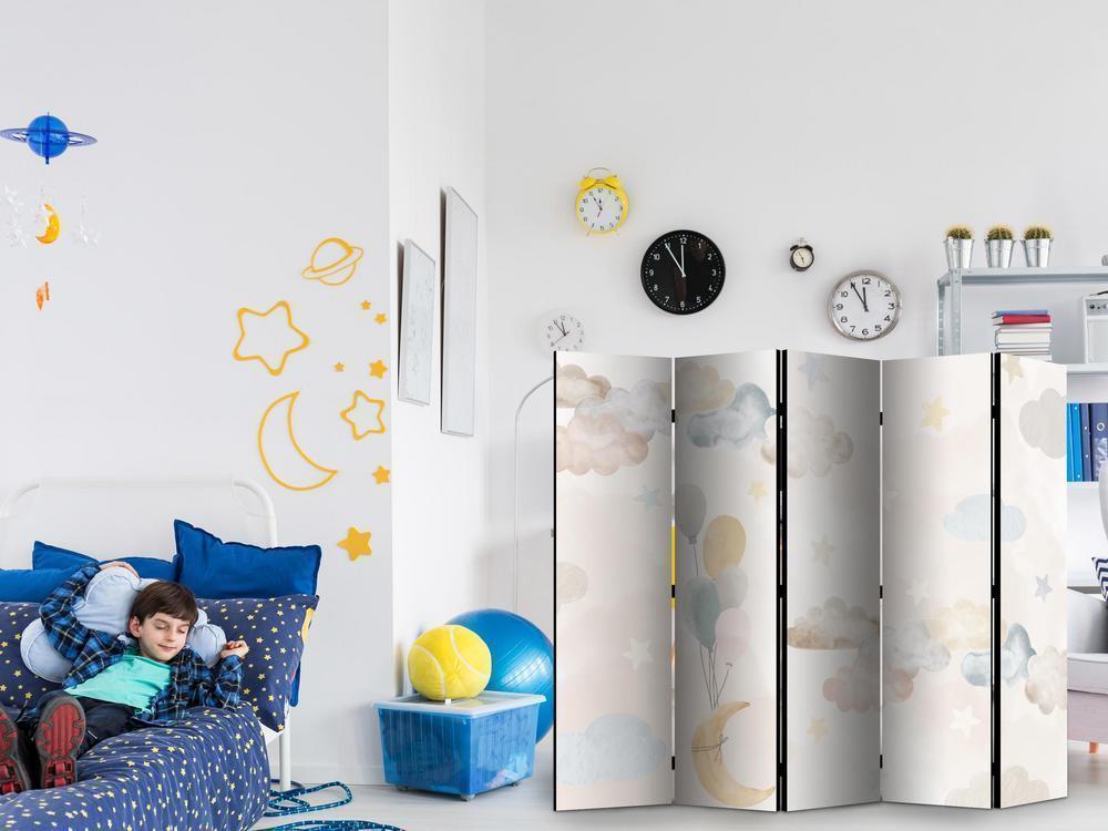 Room Divider - Fairy-Tale Moon - Moon with Balloons Among Clouds and Stars in Subdued Colors on a Light Beige Background- A 5 Panel Folding Screen For Living rooms, bedrooms or home office, decorative folding screen made with wood and canvas