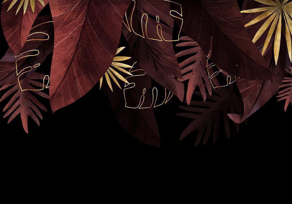 Wall Mural - Jungle and composition - red and gold leaf motif on black background-Wall Murals-ArtfulPrivacy