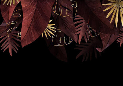 Wall Mural - Jungle and composition - red and gold leaf motif on black background-Wall Murals-ArtfulPrivacy