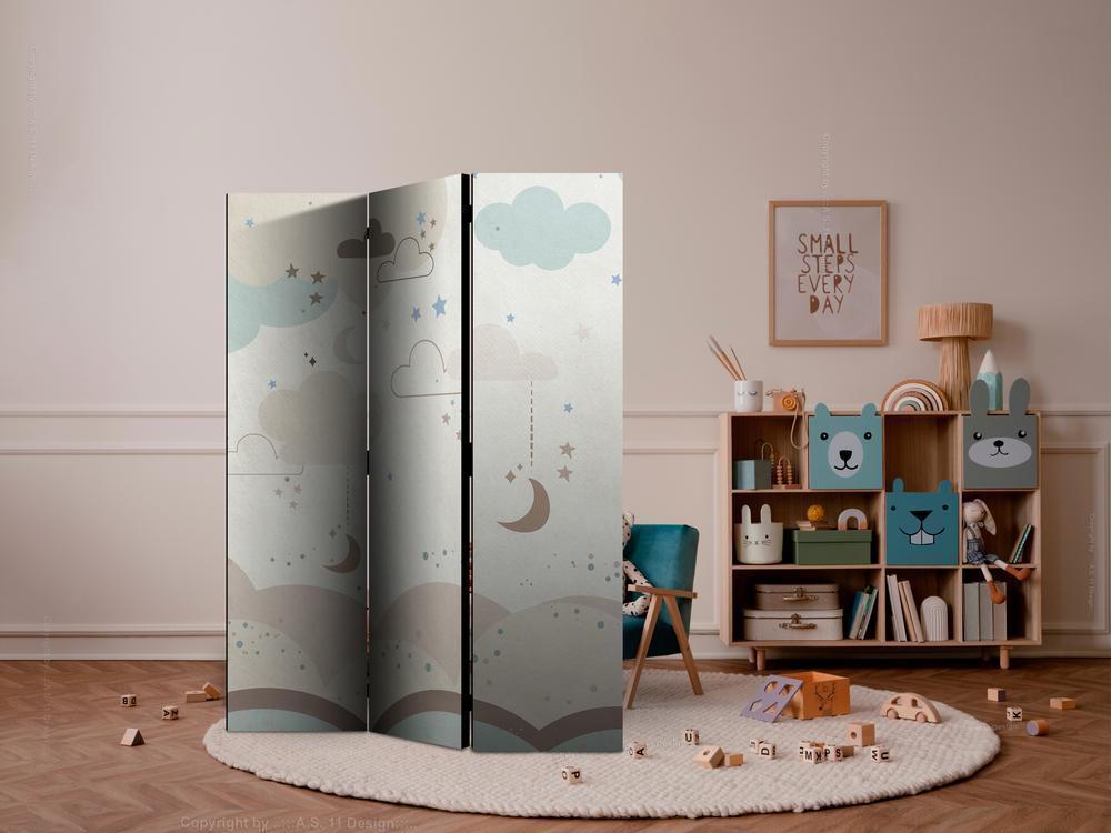 Room Divider - Cloudy Night Sky - Moons in Browns and Beiges Amid Numerous Clouds and Stars on a Light Background