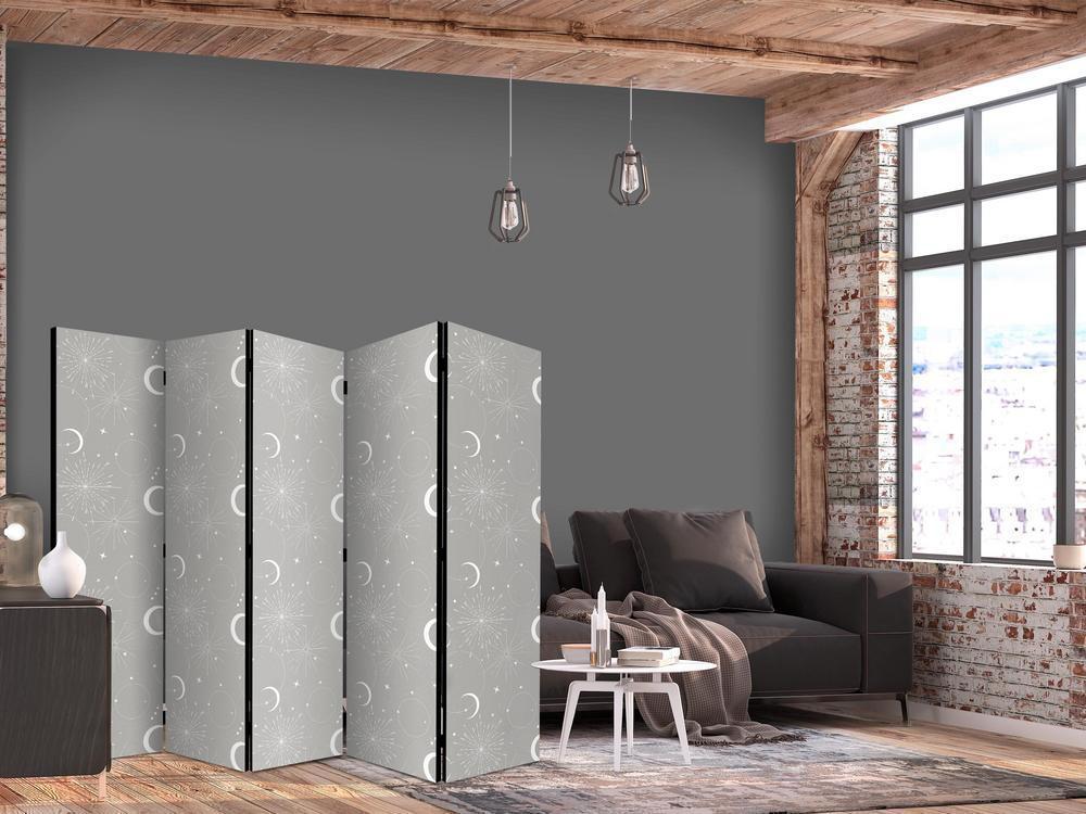 Room Divider - Cosmic Fireworks - Elegant Pattern with Moons and Stars on a Gray Background- A 5 Panel Folding Screen For Living rooms, bedrooms or home office, decorative folding screen made with wood and canvas