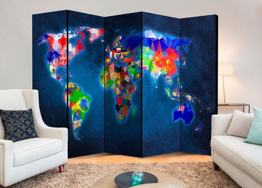 Room Divider - Colorful map- A 5 Panel Folding Screen For Living rooms, bedrooms or home office, decorative folding screen made with wood and canvas