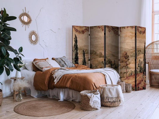 Room Divider - Landscape with Cypresses - Old Tapestry with Mediterranean Vegetation- A 5 Panel Folding Screen For Living rooms, bedrooms or home office, decorative folding screen made with wood and canvas