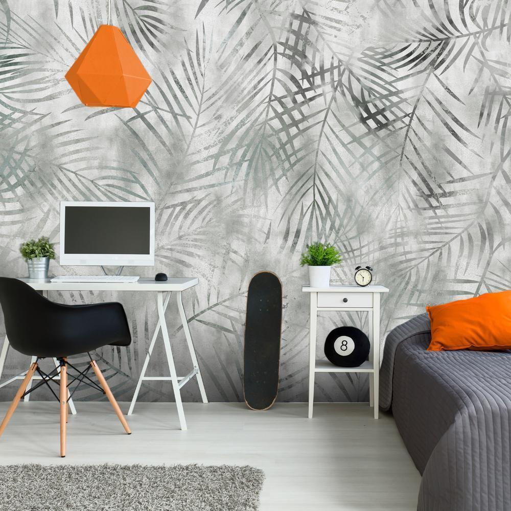 Wall Mural - Minimalist landscape - nature motif with grey exotic leaves-Wall Murals-ArtfulPrivacy